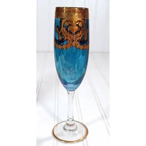GlassOfVenice Murano Glass Champagne Flutes 24K Gold Leaf - Blue Set 4 Vintage - Picture 16 of 16